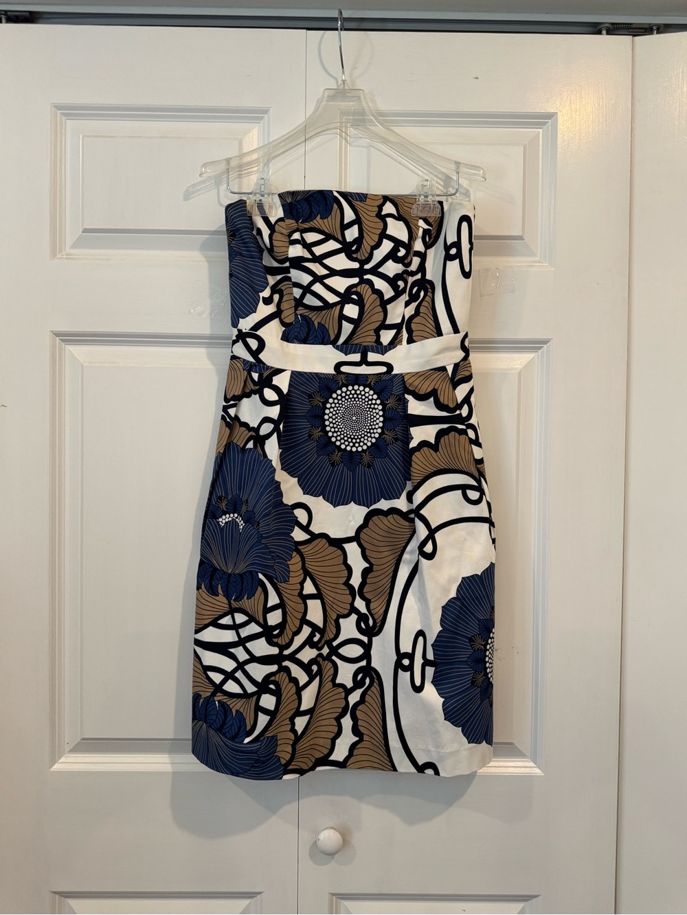 Elizabeth McKay Blue & Tan Floral Strapless Dress Sz 4